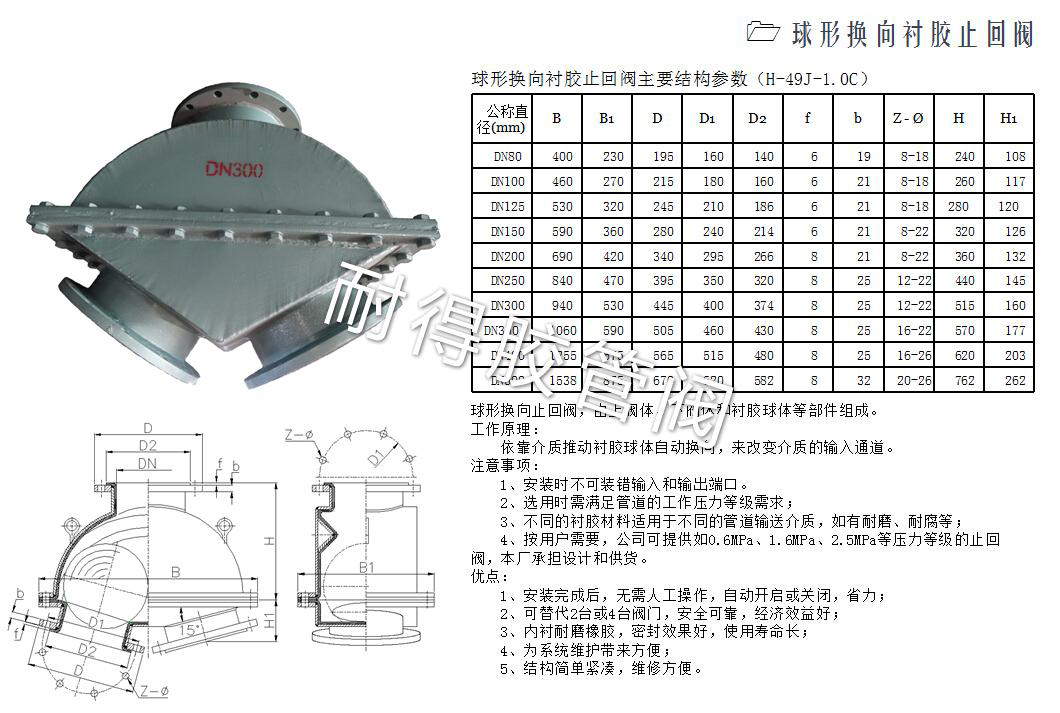 球形换向衬胶止回阀图片以及相关参数